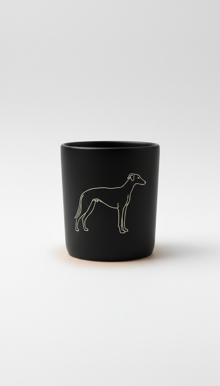 Taza de café negra mate con galgo lineal