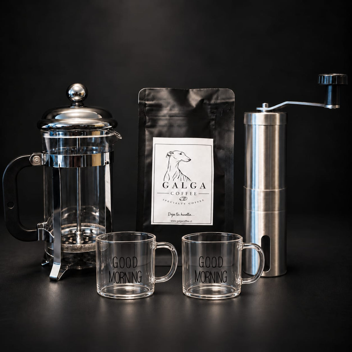 Pack Experiencia Barista (Prensa + Molinillo + 2 Tazas + Café 100g)