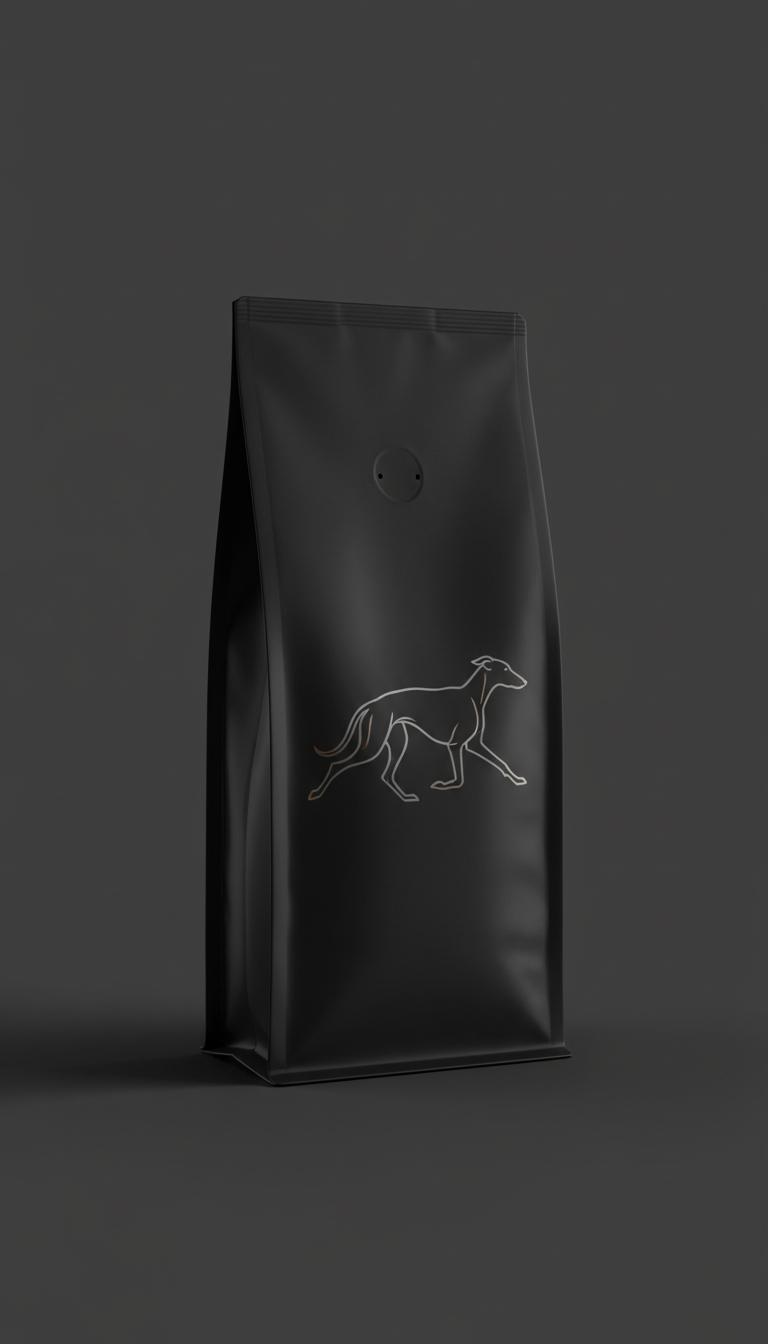 Café en grano negro mate con silueta de galgo