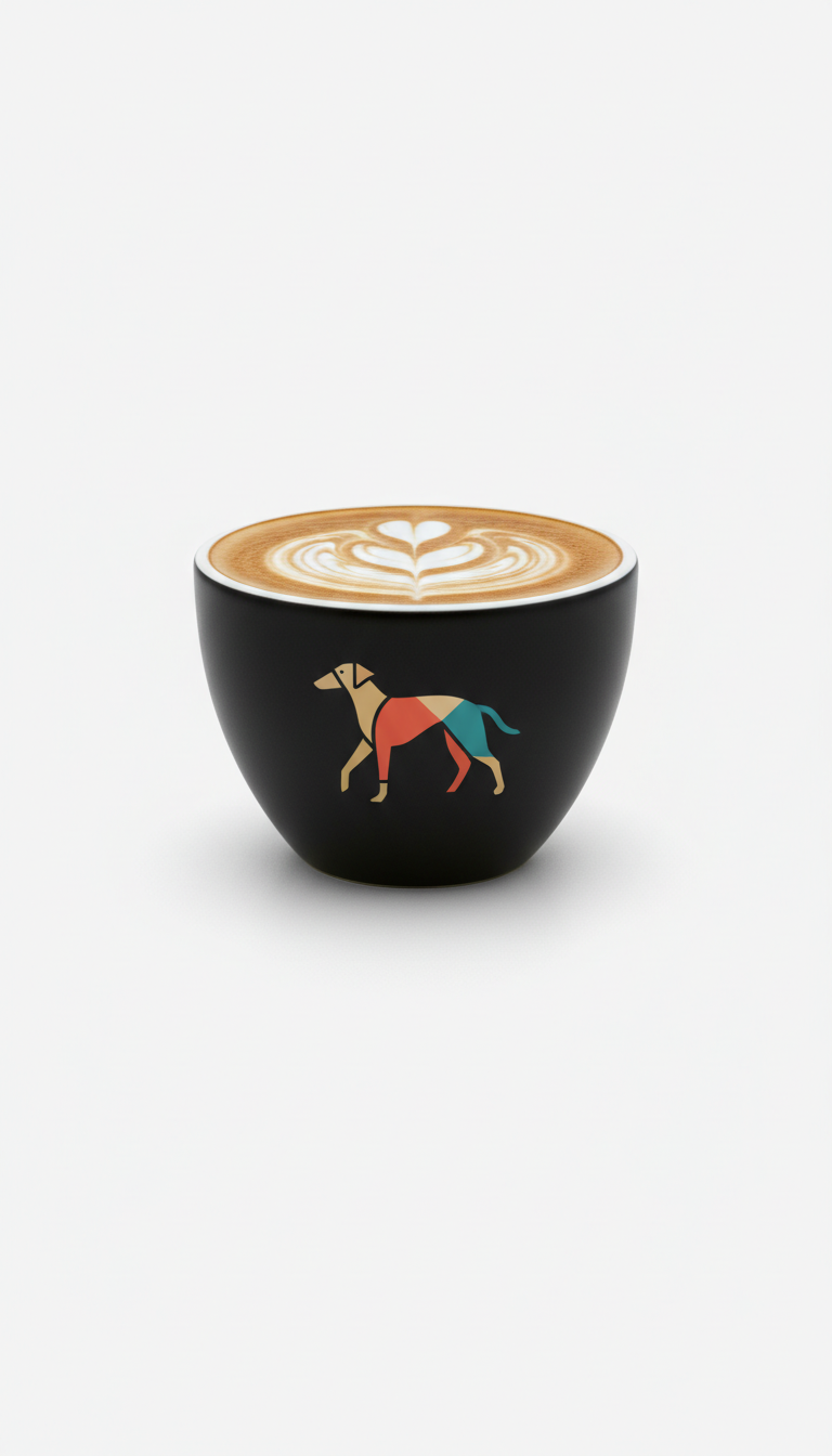 Taza cerámica negra con galgo y arte latte